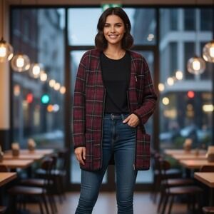 Andrea Jovine Cardigan Sweater Womens Large Wool Knit Red Plaid Pockets Clueless